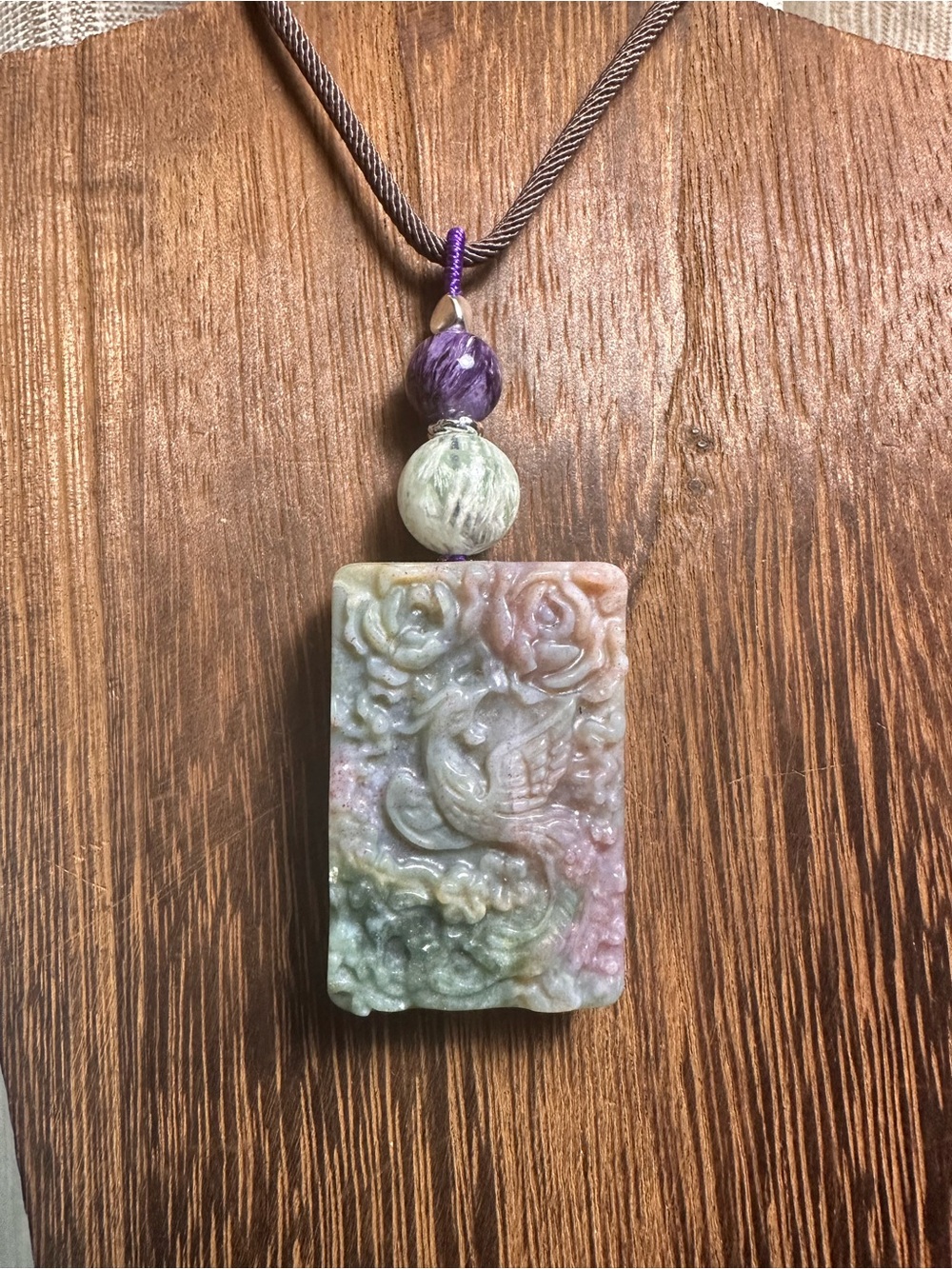 Ocean Jasper Phoenix Pendant Necklace with Feather Fluorite on Brown Rope - Picture 13 of 15
